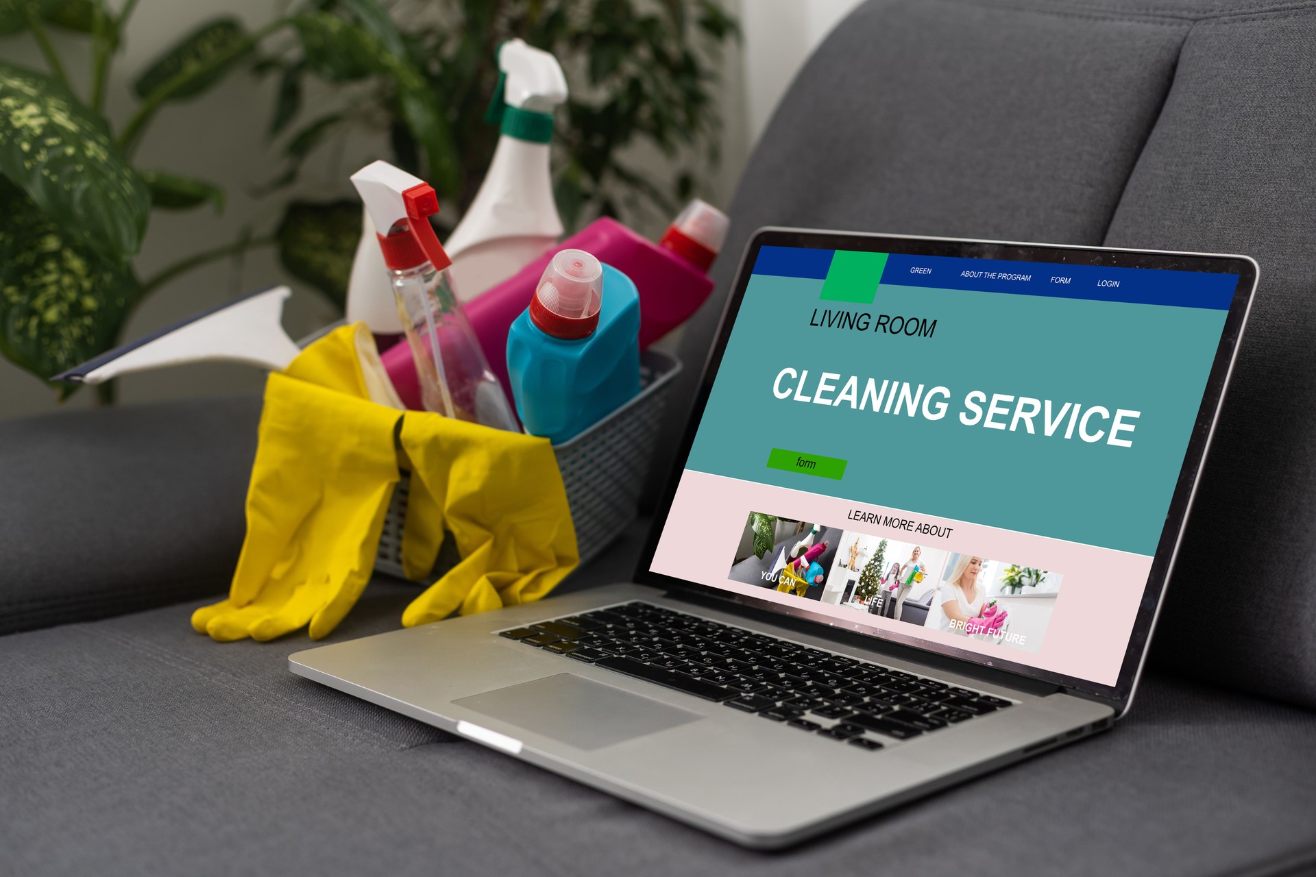 a basket with detergents, a laptop with a cleaning application